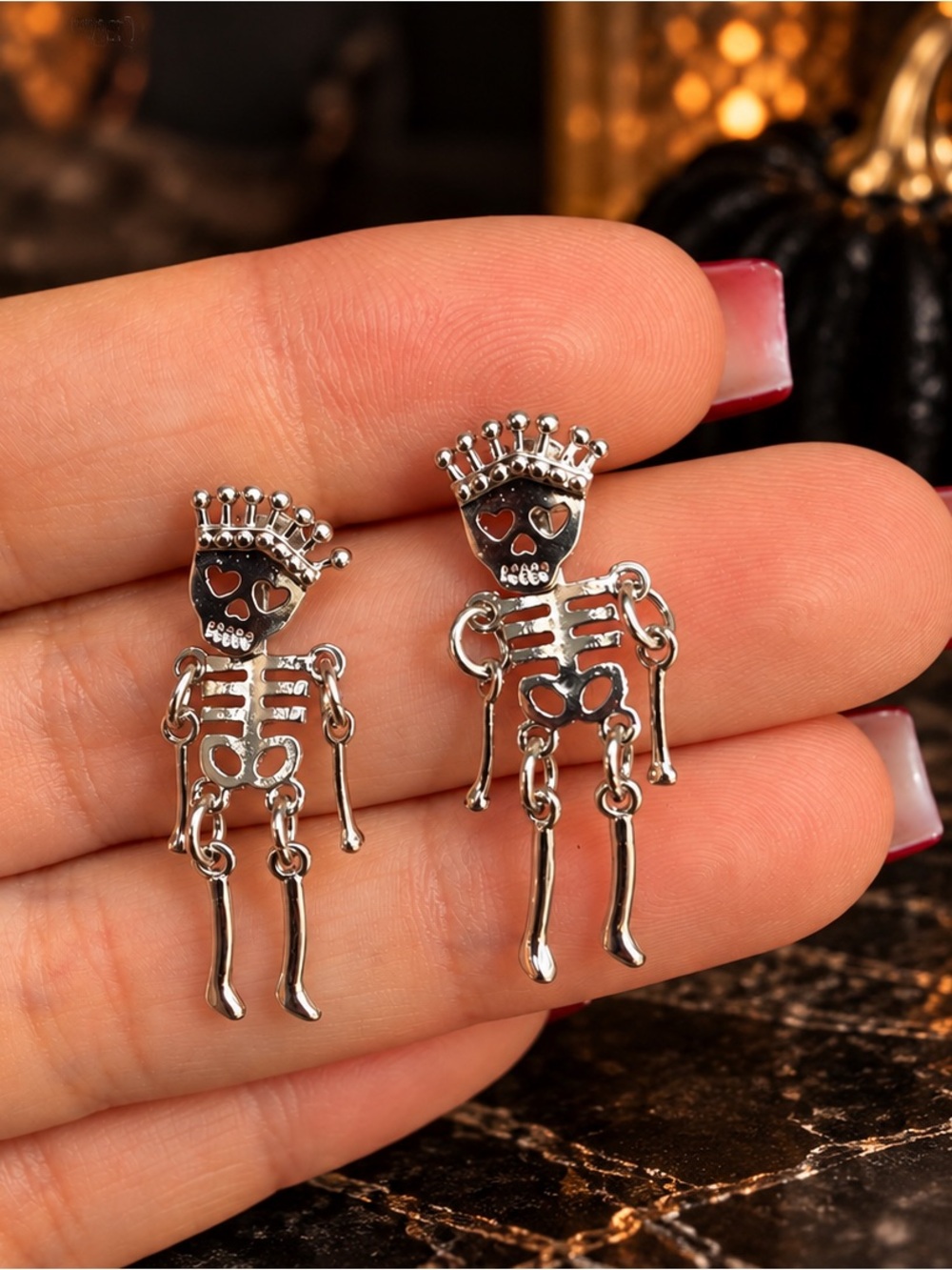 Halloween Silver Skeleton Drop Earrings